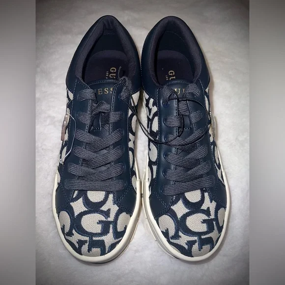 GUESS Women's Blue and Cream Patterned Platform Sneakers - Picture 3 of 10